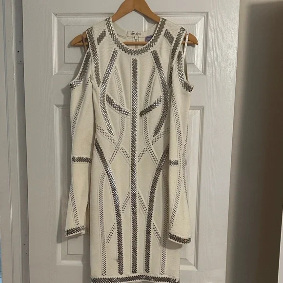 Herve Leger White and Silver Long Sleeve Dress - Picture 2 of 9